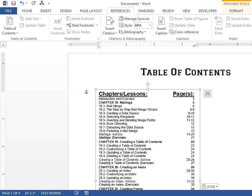 How to create table of contents entries without a page number in Word