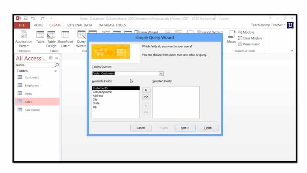 A picture of the Simple Query Wizard in Microsoft Access 2013.