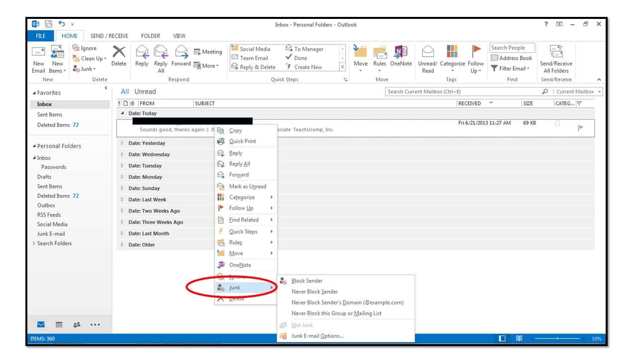 how to control junk/spam email in microsoft outlook 2013--teachucomp