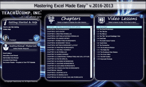 Buy Excel 2016 Training: A picture of TeachUcomp, Inc.'s “Mastering Excel Made Easy v.2016-2013” training interface for digital downloads and DVDs.