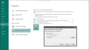 The Pack and Go Wizard in Publisher- Tutorial: A picture of the "Pack and Go Wizard" in Publisher 2013.