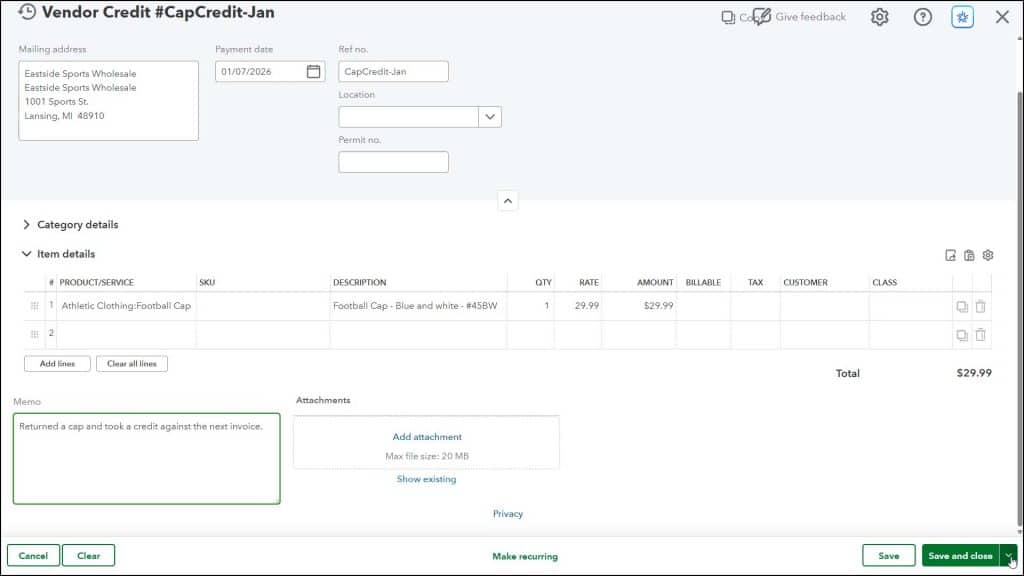 A picture showing how to enter a vendor credit in QuickBooks Online.