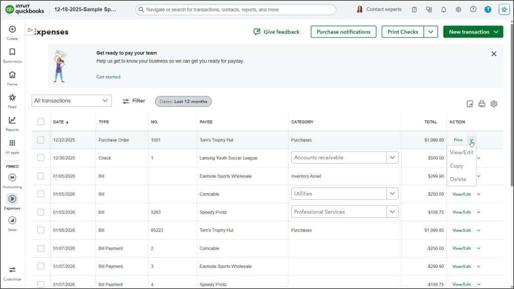 A picture showing how to manage expense transactions in QuickBooks Online by selecting an action to perform on a transaction.