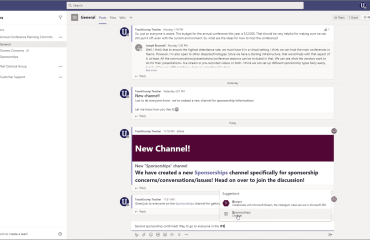 @Mentions in Microsoft Teams: A picture showing someone selecting a suggested @mention in a post in Microsoft Teams.
