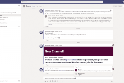 @Mentions in Microsoft Teams: A picture showing someone selecting a suggested @mention in a post in Microsoft Teams.