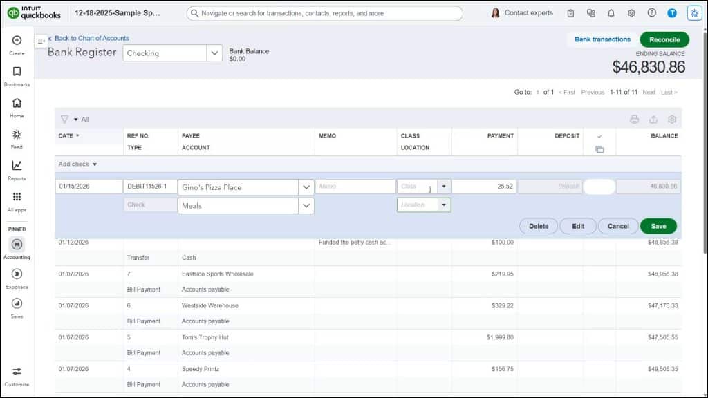 A picture showing how to use registers in QuickBooks Online to edit account transactions.