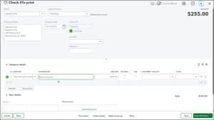 A picture showing how to write checks in QuickBooks Online and assign a check amount to an account in the “Category details” section.