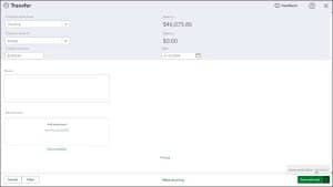 A picture showing how to transfer funds between accounts in QuickBooks Online.