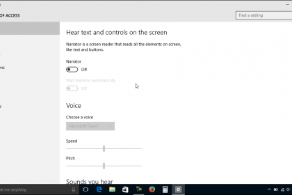 Narrator Settings in Windows 10: A picture of the Narrator settings in Windows 10.