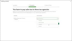A picture showing a user selecting the filing frequency for the initial sales tax agencies created for the business address they entered when they set up sales tax in QuickBooks Online.