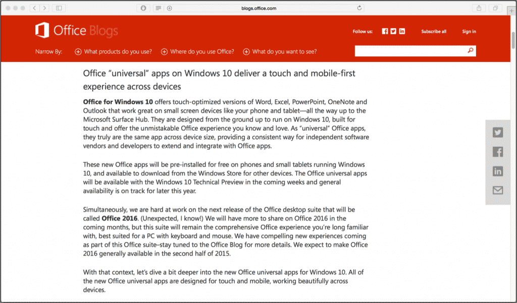 Microsoft Office 2016 Is Arriving Late 2015: A picture of the blog post at the Office Blogs site that announced that Microsoft Office is arriving late 2015.