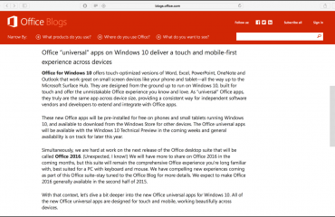 Microsoft Office 2016 Is Arriving Late 2015: A picture of the blog post at the Office Blogs site that announced that Microsoft Office is arriving late 2015.