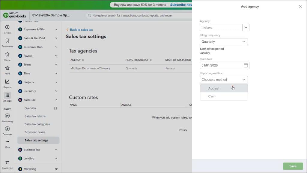 A picture showing how to add new sales tax agencies in QuickBooks Online.