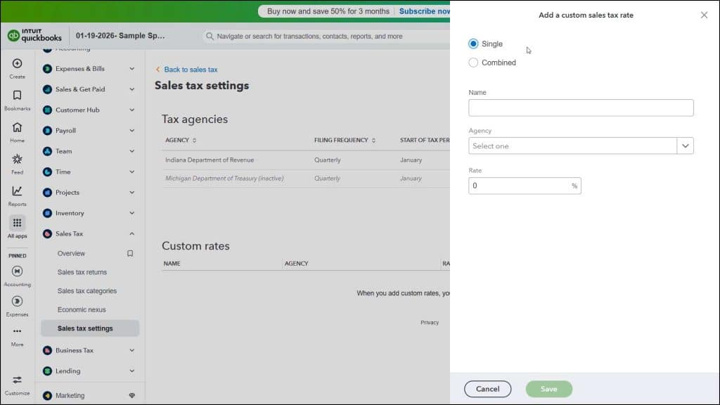 A picture showing how to create custom sales tax rates in QuickBooks Online in the “Add a custom sales tax rate” pane.