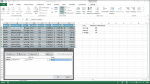 Sort a Table in Excel- Tutorial: A picture of the "Sort" dialog box within Excel 2013.