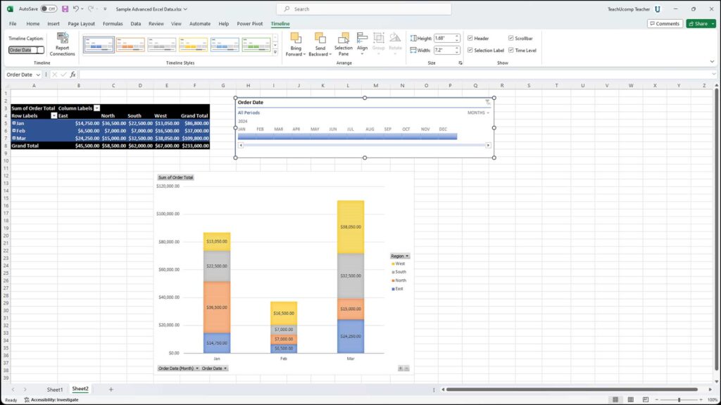 Timeline Options in Excel - Instructions: A picture of a user modifying the appearance of a timeline in Excel.
