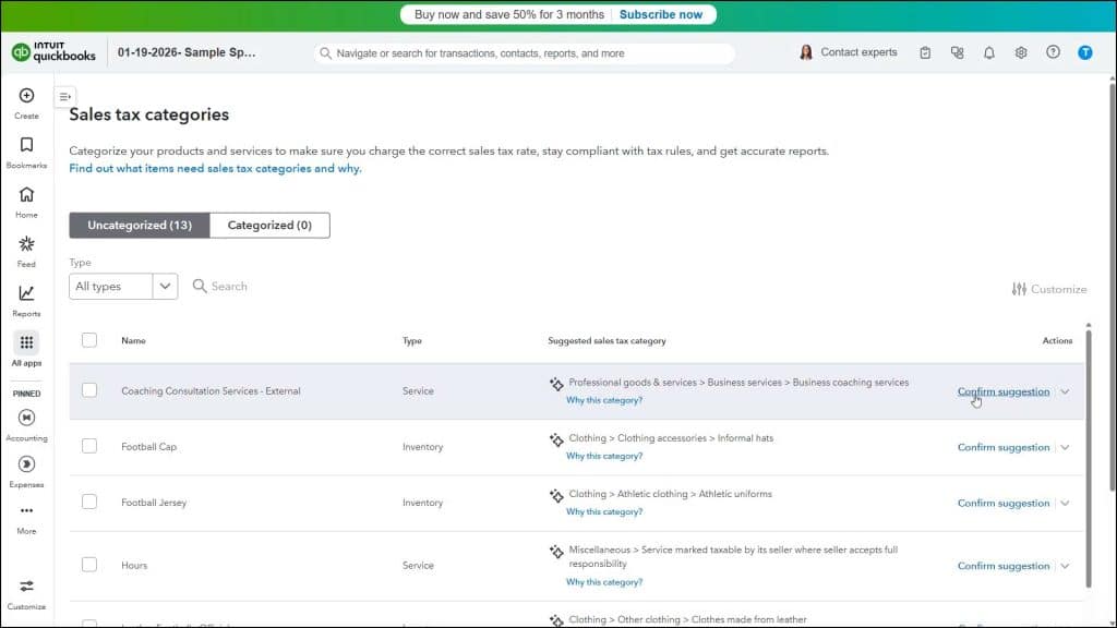 A picture showing a user assigning sales tax categories to multiple products at once as part of the tasks user may need to perform to mark taxable and non-taxable customers and items in QuickBooks Online.