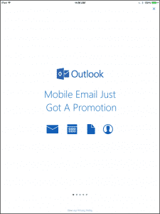 New Outlook App for iOS and Android Released: A picture of the initial screen shown after launching the new Outlook app for iOS.