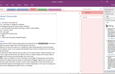 The Research Pane in OneNote- Instructions: A picture of the Research Pane in OneNote.