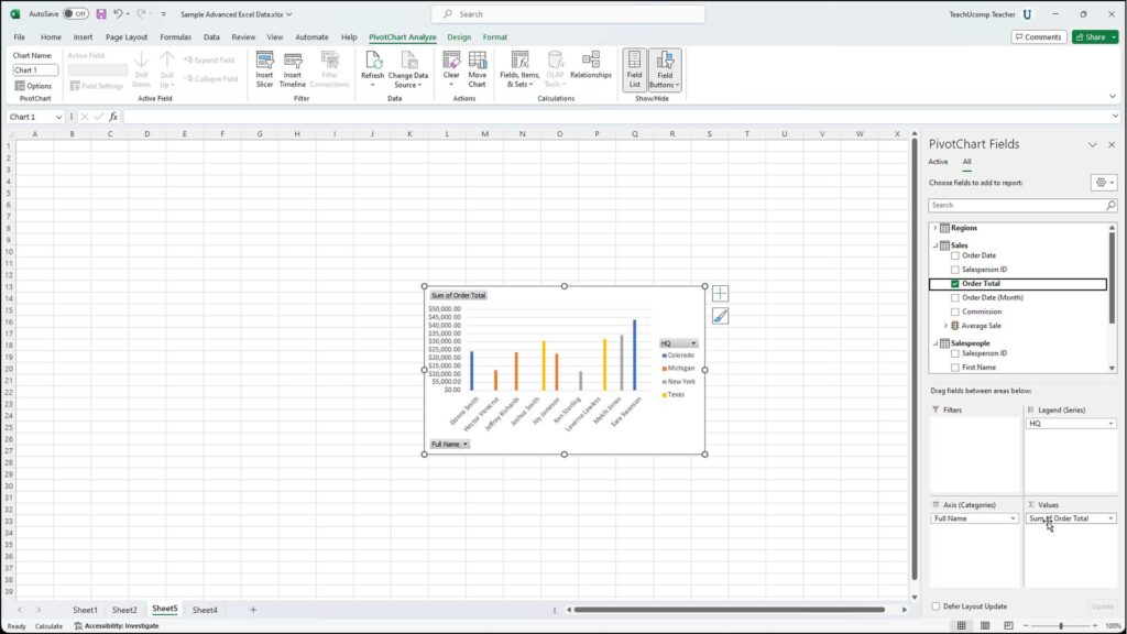 A picture showing a PivotChart in Excel and its PivotChart Fields task pane, which appear after you create a PivotChart in Excel.