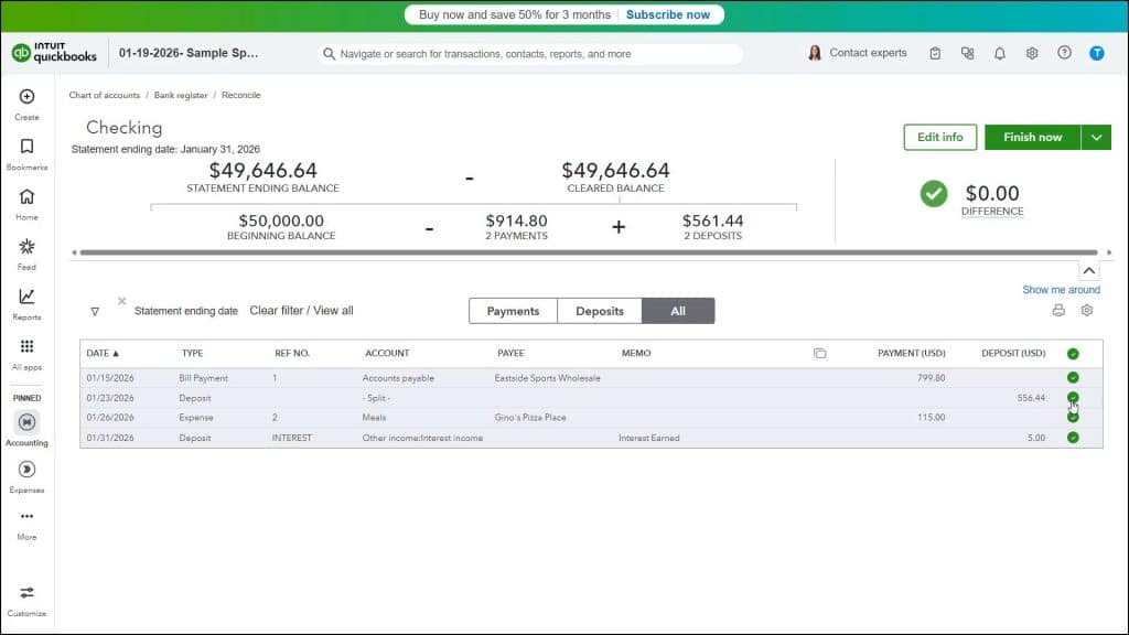 A picture showing how to reconcile an account in QuickBooks Online by marking transactions as cleared.