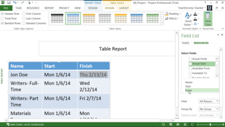 Report Tables in Project 2013 – Tutorial: A picture of a report table and its associated Field List pane in Microsoft Project 2013.