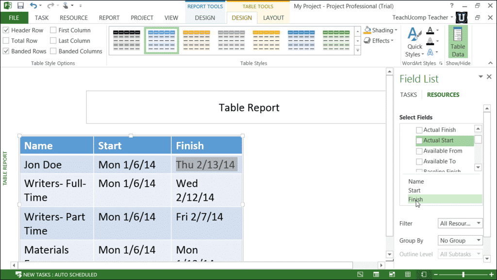 Report Tables in Project 2013 – Tutorial: A picture of a report table and its associated Field List pane in Microsoft Project 2013.