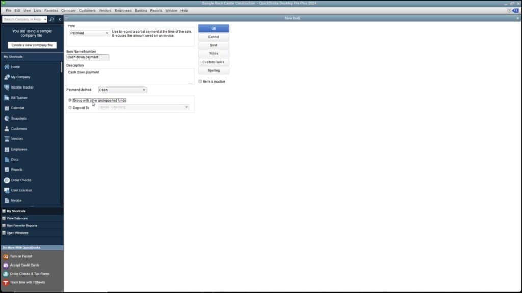 A picture of the “New Item” window when you create payment items in QuickBooks Desktop Pro.