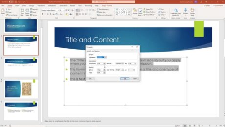 A picture showing how to format paragraphs in PowerPoint using the “Paragraph” dialog box.