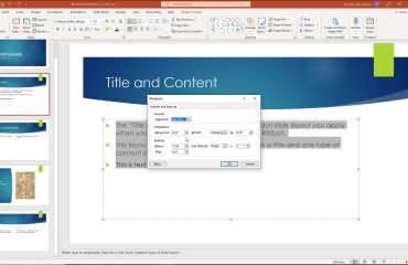 A picture showing how to format paragraphs in PowerPoint using the “Paragraph” dialog box.