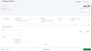 A picture showing how to create a delayed credit in QuickBooks Online.