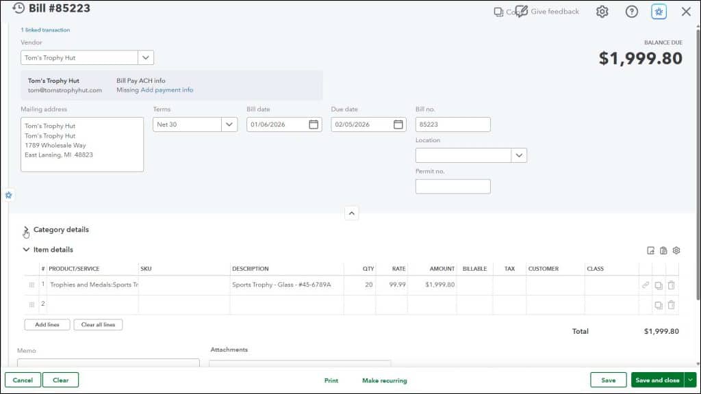 A picture showing how to enter bills in QuickBooks Online within the “Bill” window.