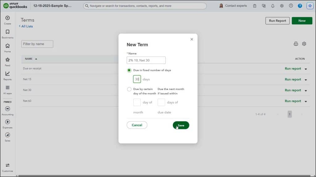 A picture showing how to create terms for early bill payment discounts in QuickBooks Online.