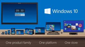 Windows 10 Technical Preview: A picture of the Windows 10 technical preview shown on multiple displays. Copyright Microsoft, Inc.
