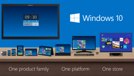 Windows 10 Technical Preview: A picture of the Windows 10 technical preview shown on multiple displays. Copyright Microsoft, Inc.
