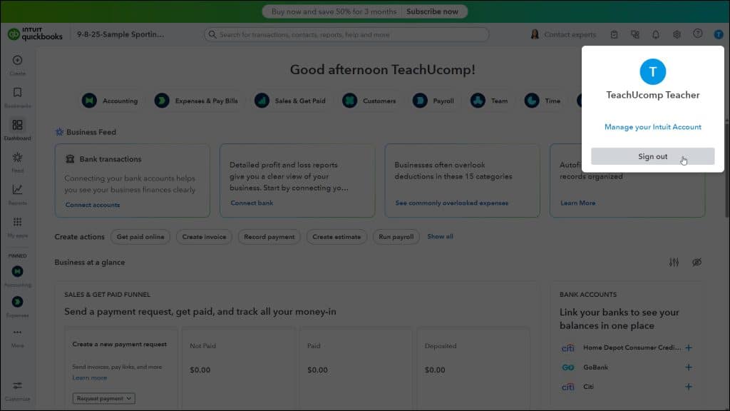 A picture showing how to sign out of QuickBooks Online from within a company file.