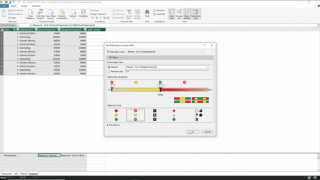 Create a KPI in Power Pivot for Excel - Instructions: A picture of the “Key Performance Indicator (KPI)” dialog box in Power Pivot for Excel.