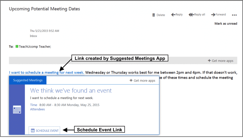 The Suggested Meetings App in Outlook Web App- Tutorial: A picture of a link created by the Suggested Meetings App in Outlook Web App.