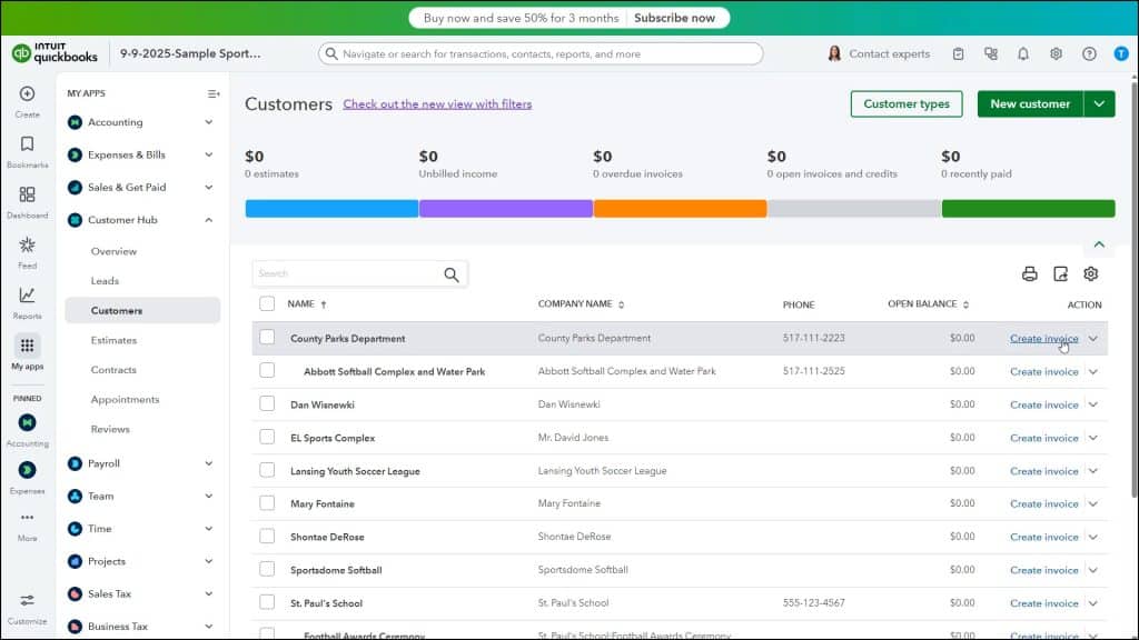 A picture showing how to use the Customers List in QuickBooks Online to create an invoice for a customer.
