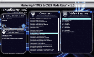 A picture of the "Mastering HTML5 and CSS3 Made Easy v.1.0" interface, showing the lesson on HTML5 forms titled "11.1- About Forms."