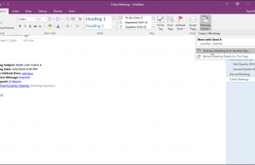 Insert Outlook Meetings in OneNote: A picture showing the meeting details button in the Ribbon in OneNote 2016 and inserted meeting details within a page.