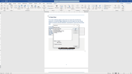 Add Bookmarks in Word - Instructions: A picture of a user inserting a bookmark into a Word document by using the “Bookmark” dialog box.