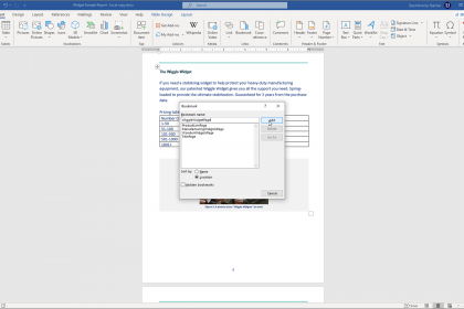 Add Bookmarks in Word - Instructions: A picture of a user inserting a bookmark into a Word document by using the “Bookmark” dialog box.