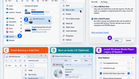 blog-10-14-2026-howtoburnacdordvdinfileexplorerinwindows11 An infographic showing how to burn a CD or DVD in Windows 11.