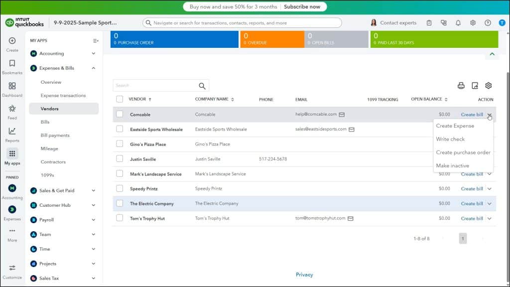 A picture showing how to use the Vendors list in QuickBooks Online to perform an action on a vendor.