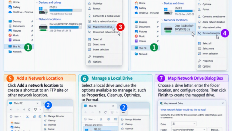 An infographic showing how to manage the computer and drives in File Explorer in Windows 11.