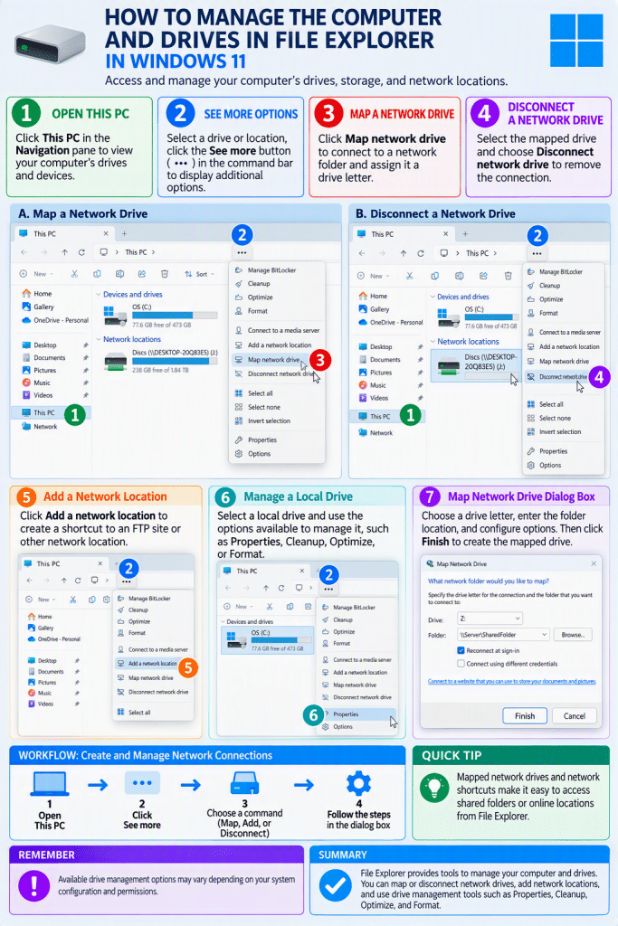 An infographic showing how to manage the computer and drives in File Explorer in Windows 11.