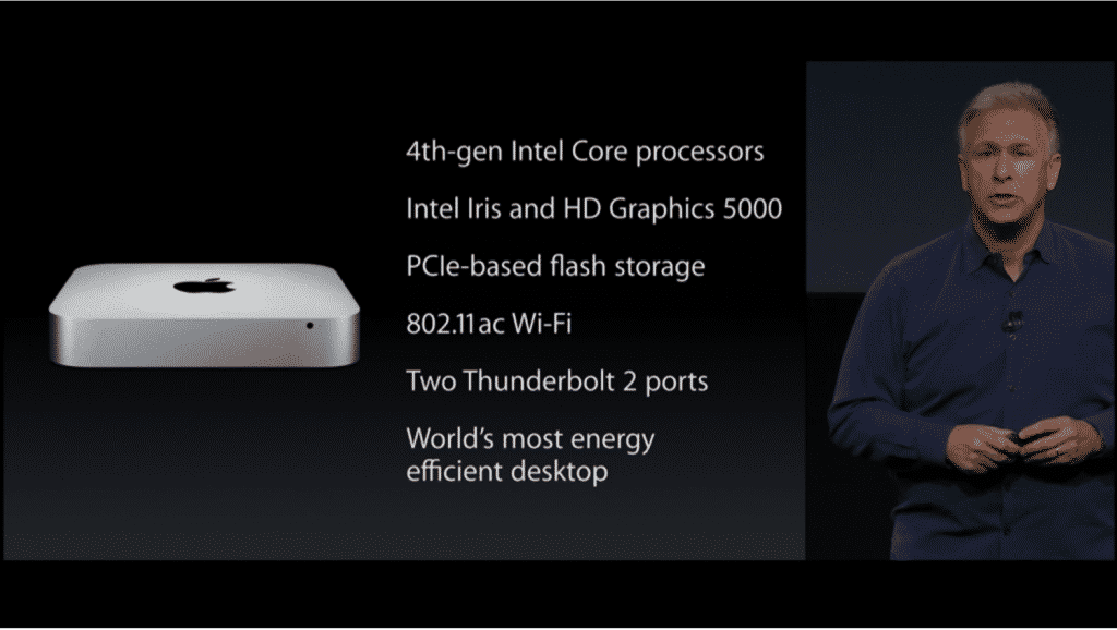 Apple Reveals New iMac, Mac Mini, iPad Air 2, iPad Mini 3, and OS X Yosemite: A picture of the new Mac Mini shown during the Apple Event on October 16th, 2014. Source: Apple.