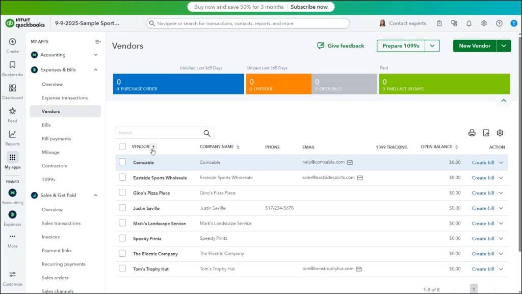 A picture showing how to sort lists in QuickBooks Online that use the newer column headings that contain sort buttons, like the Vendors list.