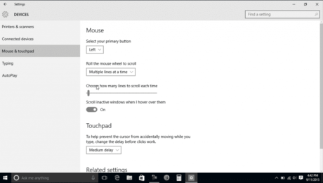 Mouse and Touchpad Settings in Windows 10 - Tutorial: A picture of the mouse and touchpad settings in Windows 10.